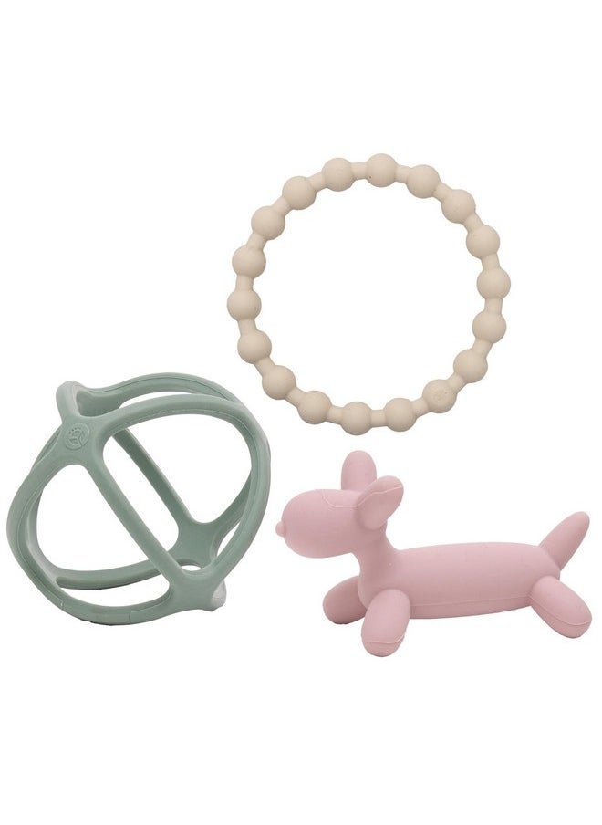 Handheld Teether Set (Matte Green, Pink & Off White)