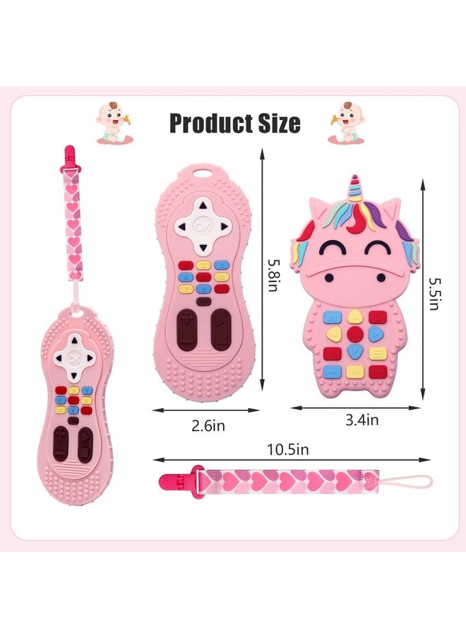 Baby Teething Toys, Food Grade Silicone Teether For Babies 3 6 12 18 Months, 3-Pack Tv Remote Shape Toddlers Chew Toys (Pink)