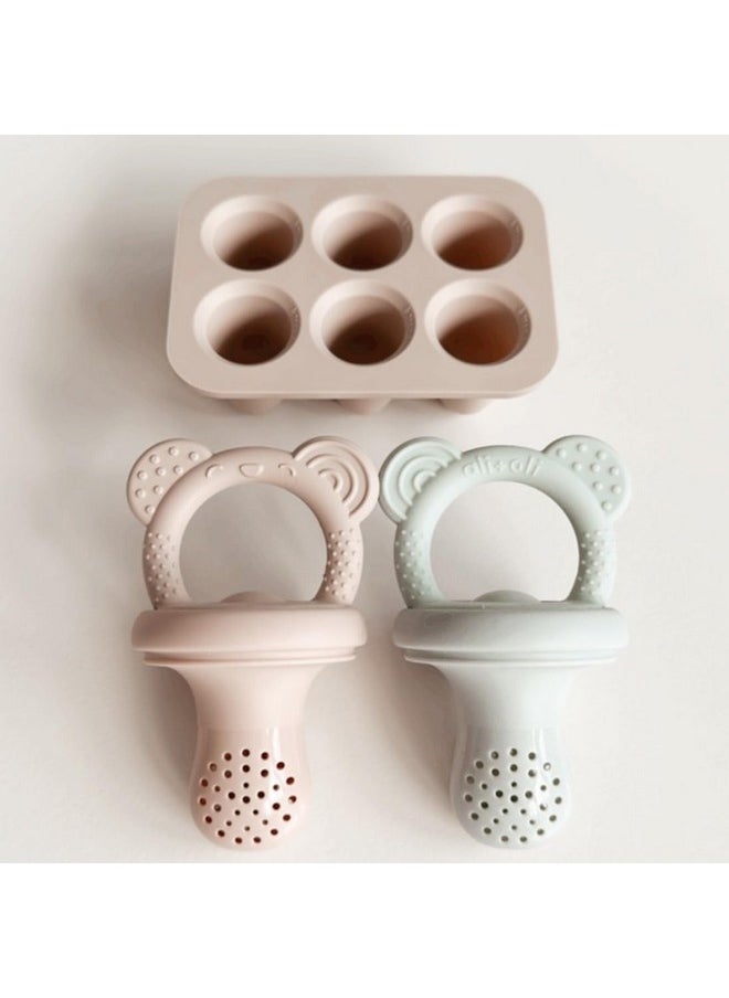 (3-Pc) Food & Fruit Feeder Pacifier (Mist-Taupe) With Freezer Tray Included, Bpa-Free Food-Grade Silicone Fruit Pacifier Feeder, Infant & Toddler Teether Soother, Fruit Teethers For Babies