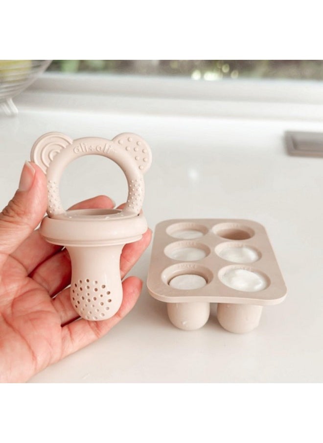 (3-Pc) Food & Fruit Feeder Pacifier (Mist-Taupe) With Freezer Tray Included, Bpa-Free Food-Grade Silicone Fruit Pacifier Feeder, Infant & Toddler Teether Soother, Fruit Teethers For Babies