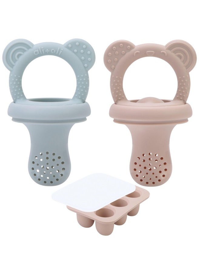 (3-Pc) Food & Fruit Feeder Pacifier (Mist-Taupe) With Freezer Tray Included, Bpa-Free Food-Grade Silicone Fruit Pacifier Feeder, Infant & Toddler Teether Soother, Fruit Teethers For Babies