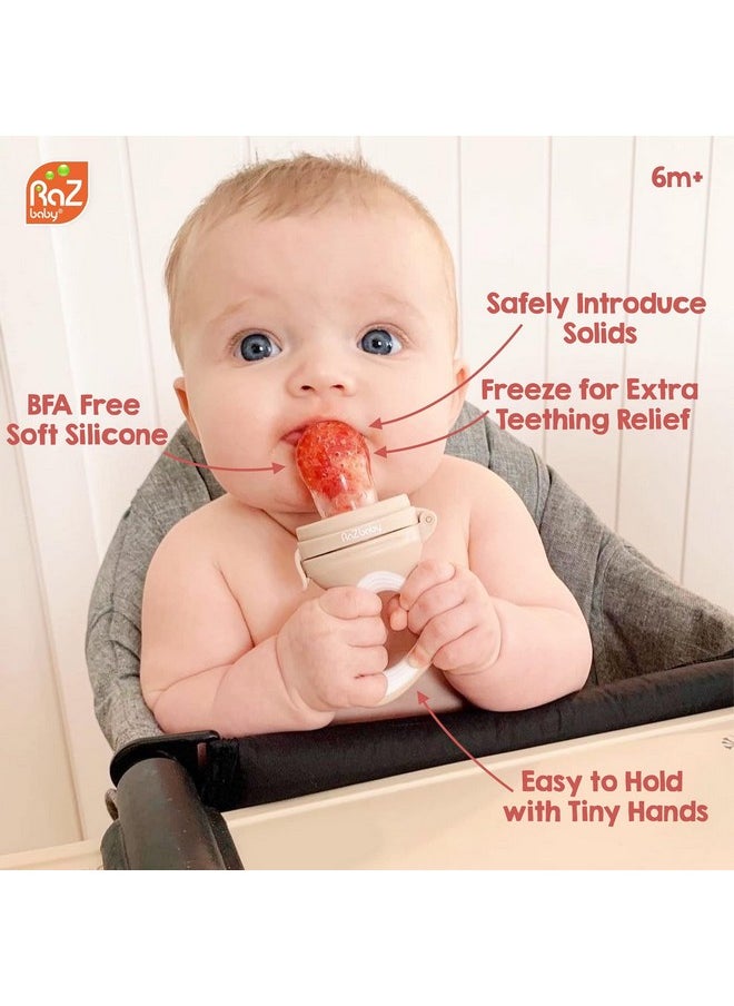 Baby Fruit Feeder/Food Feeder Pacifier, Infant Teething Toy Teether 6M+, Add Baby'S Favorite Frozen Fruit Or Fresh Food For Teething Relief, Silicone Pouch/Nipple, Bpa Free, Tan