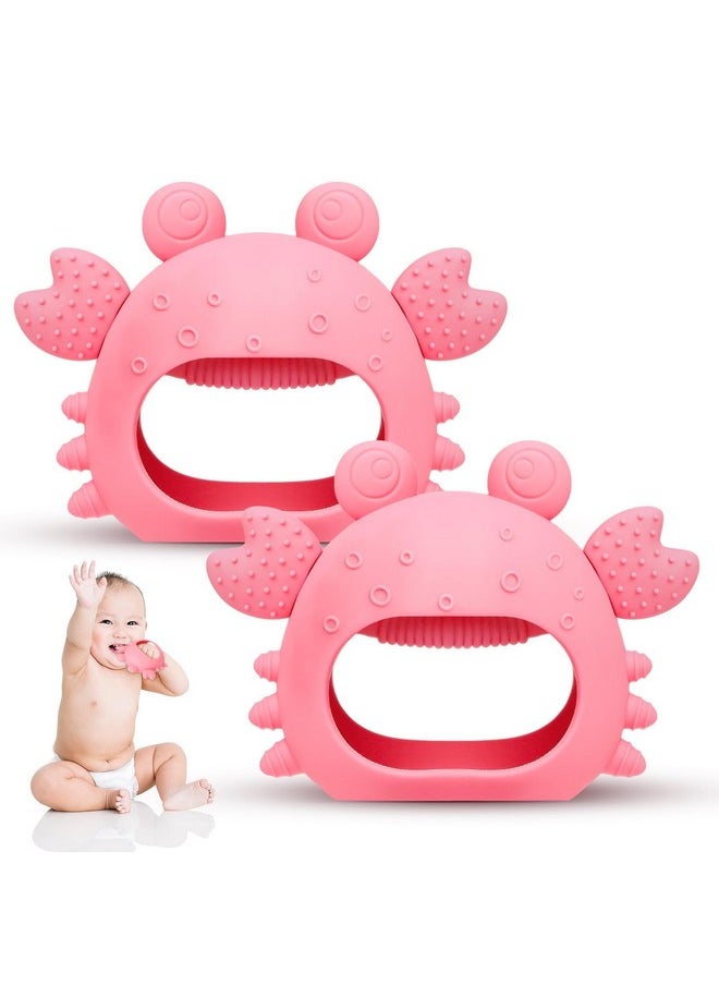 2 Pack Baby Teething Toys, Silicone Teethers For Babies 0-6 Months Anti Dropping Hand Teether, Infant Baby Chew Toys For Teething Relief For Newborn Soon-To-Be Mothers (Pink,Crab)