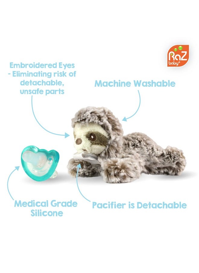 Sloth Razbuddy Stuffed Animal Pacifier Holder For Newborns & Up, Made In The Usa, Detachable Orthodontic Jollypop Pacifier, Medical-Grade 100% Bpa-Free Silicone, Baby Shower Gift -0 Months+