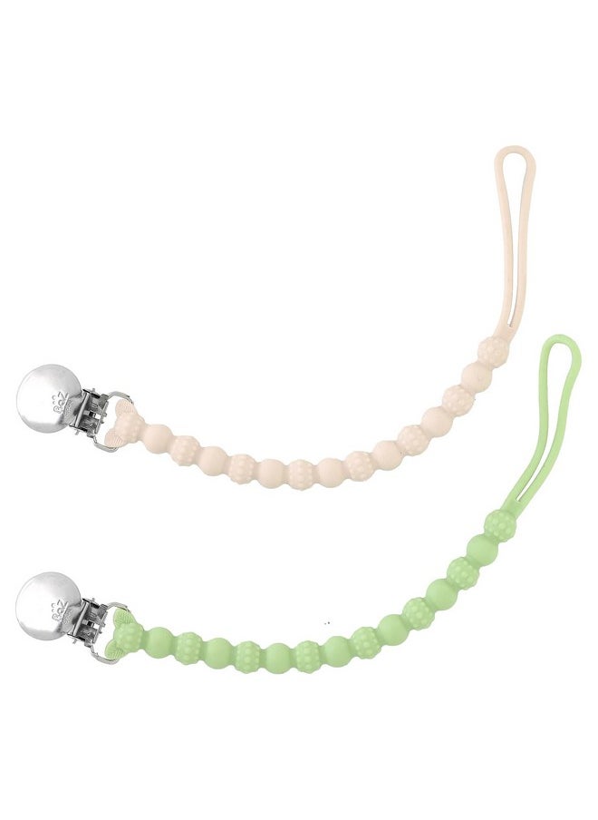 Silicone Pacifier Holder 2 Pack, Razzies Durable Textured Lanyard Fits Most Pacis Toys, 100% Soft Bpa-Free Silicone, Attachable Clasp, Universal Fit, Lightweight - Tan/Green