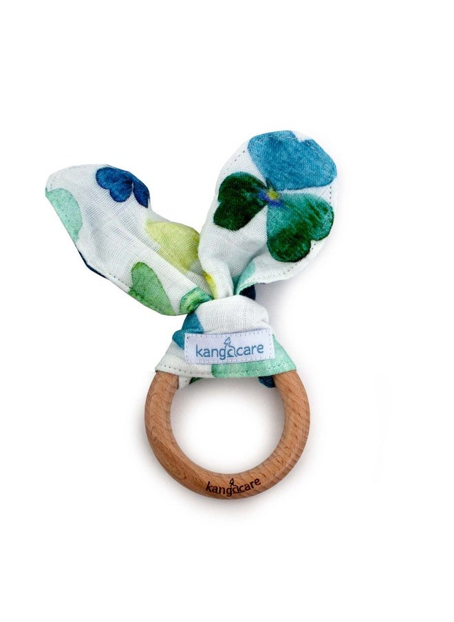 Baby Soft Muslin Sensory Crinkle Bunny Ear Wood Teething Ring - Clover Leaf