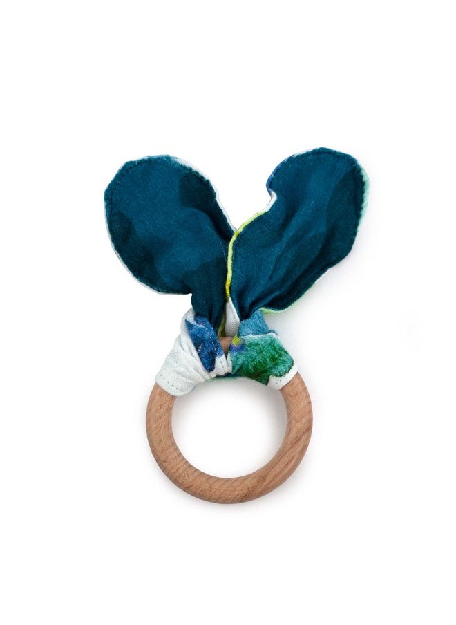 Baby Soft Muslin Sensory Crinkle Bunny Ear Wood Teething Ring - Clover Leaf