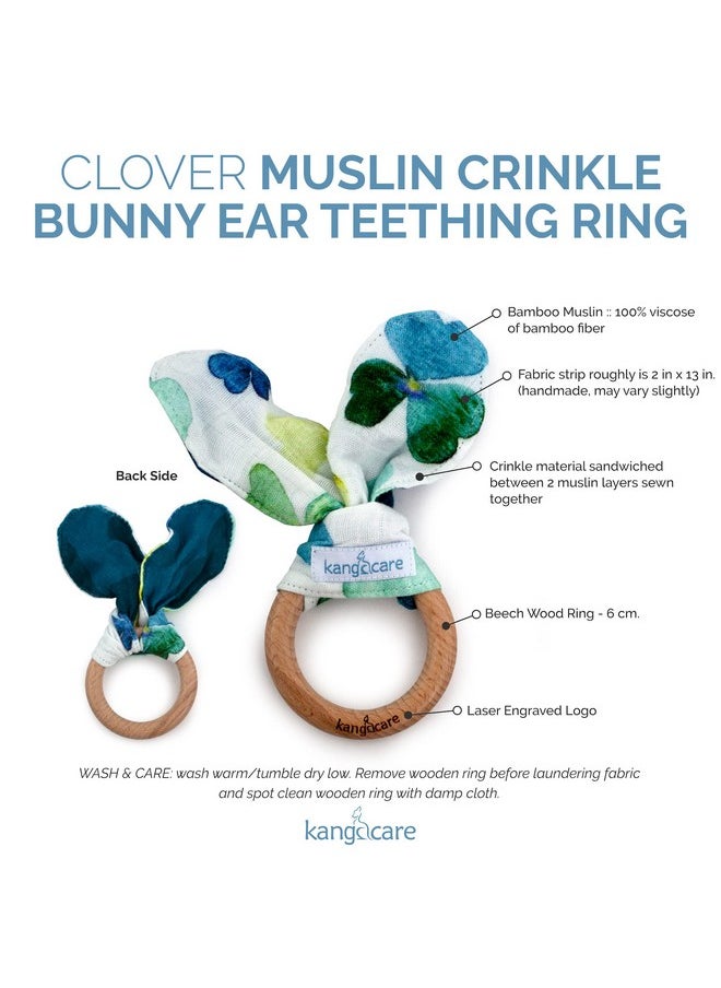 Baby Soft Muslin Sensory Crinkle Bunny Ear Wood Teething Ring - Clover Leaf