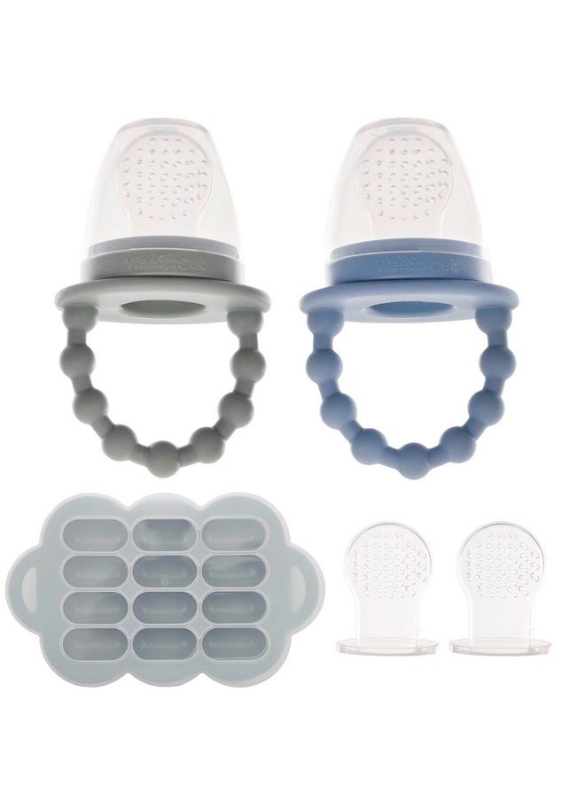 Silicone Baby Food Feeders + Freezer Tray For Batch Prep, Set Of 2, Introduce New Foods Safely, Double As Teething Toys, Includes 2 Extra Pouches & Travel Lids, Dishwasher Safe