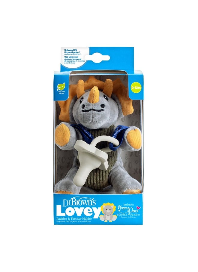 Baby Lovey Pacifier And Teether Holder, Triceratops With Gray Happypaci, 100% Silicone, 0-6M