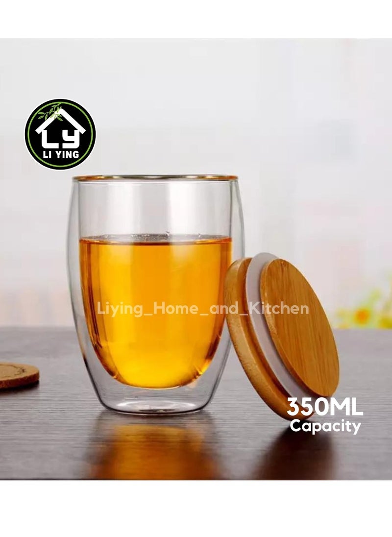 Liying Double-walled Borosilicate Clear Glass 350ML Coffee Mug with Bamboo Lid for Hot or Iced Coffee, Milk, Latte ,Cappuccinos & Cocktails (Big)