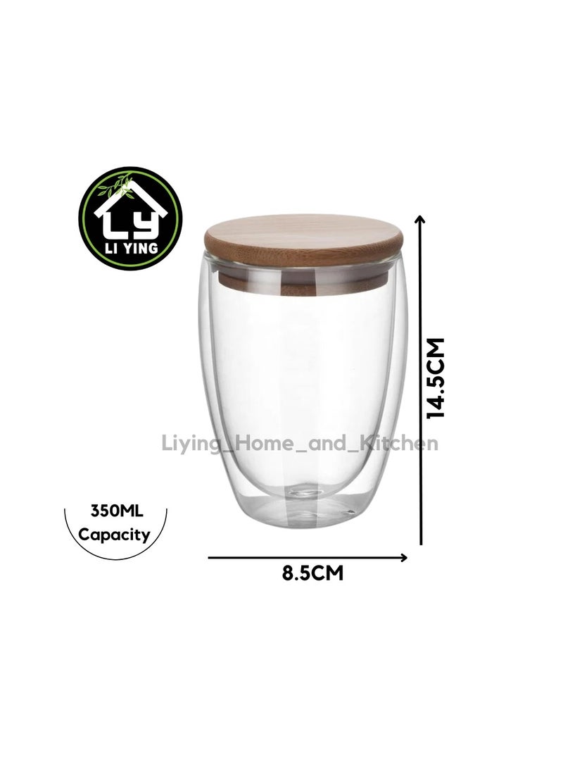 Liying Double-walled Borosilicate Clear Glass 350ML Coffee Mug with Bamboo Lid for Hot or Iced Coffee, Milk, Latte ,Cappuccinos & Cocktails (Big)