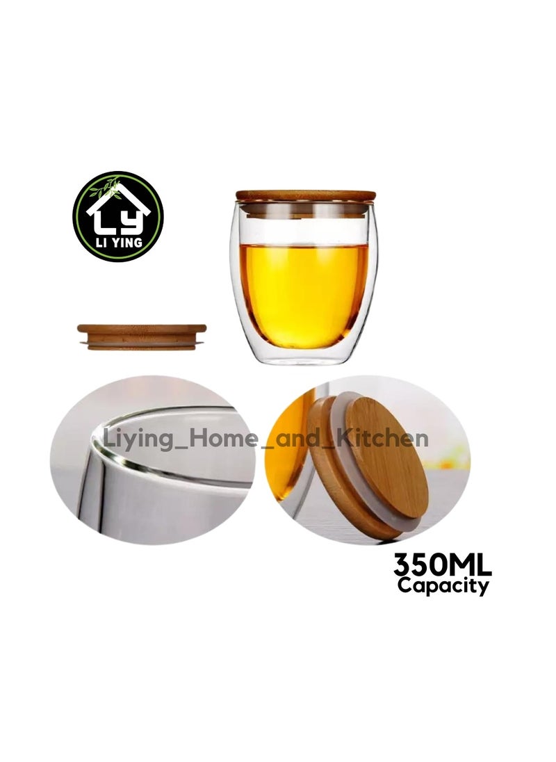 Liying Double-walled Borosilicate Clear Glass 350ML Coffee Mug with Bamboo Lid for Hot or Iced Coffee, Milk, Latte ,Cappuccinos & Cocktails (Big)