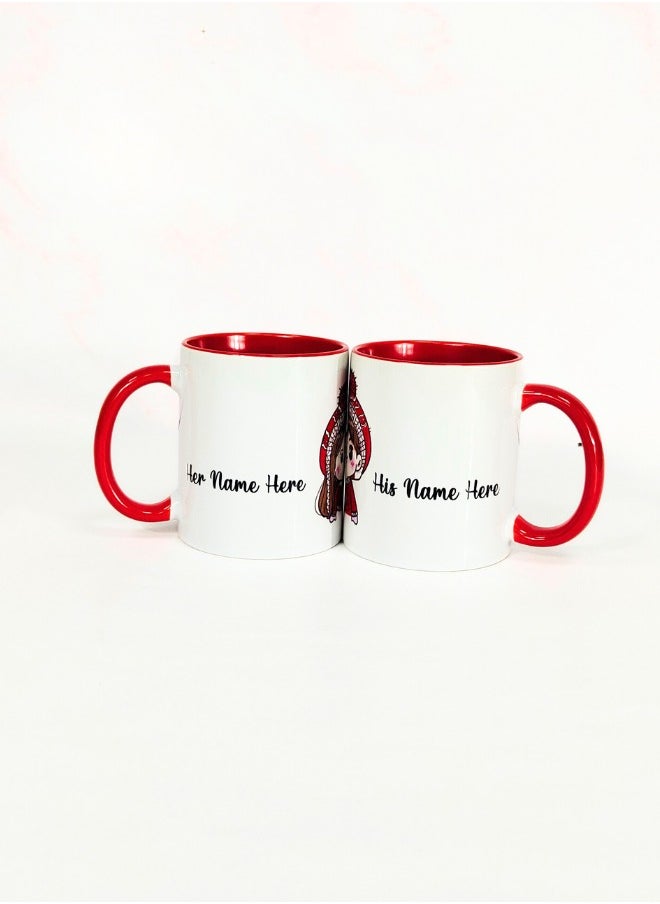 Personalized Christmas Mugs for Couples - Cute Designs with Personalized Names - Pack of 2 - Premium Ceramic Mug with Inner and Handle Red