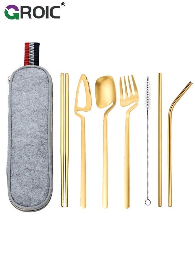 8PCS Stainless Steel Flatware Set Portable Reusable Cutlery Travel Utensils Including Chopsticks Knife Fork Spoon Straws Cleaning Brush Dishwasher Safe (Golden)