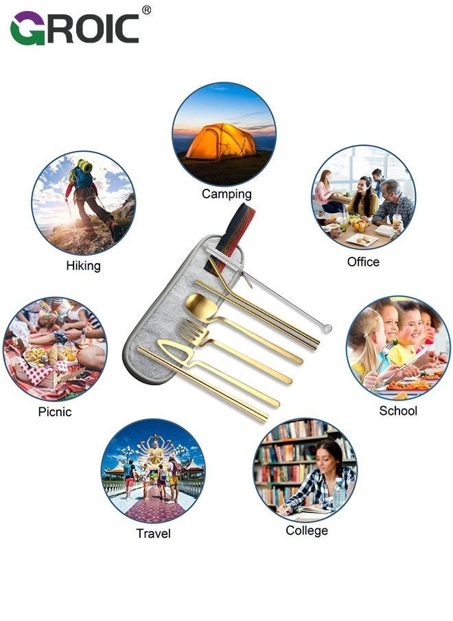 8PCS Stainless Steel Flatware Set Portable Reusable Cutlery Travel Utensils Including Chopsticks Knife Fork Spoon Straws Cleaning Brush Dishwasher Safe (Golden)