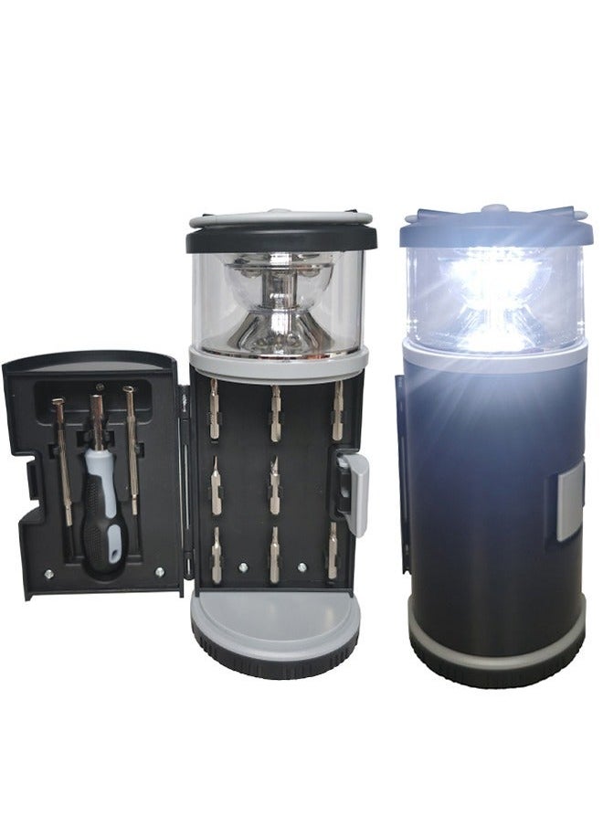 2 in 1 LED Camping Lantern with Tool Kits, Battery Operated 11 PCS Tools, Portable Emergency Light for Storm Outages Your House Car Workbench