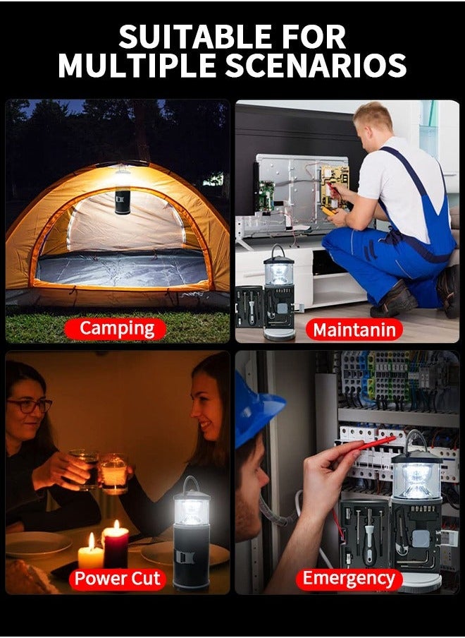 2 in 1 LED Camping Lantern with Tool Kits, Battery Operated 11 PCS Tools, Portable Emergency Light for Storm Outages Your House Car Workbench