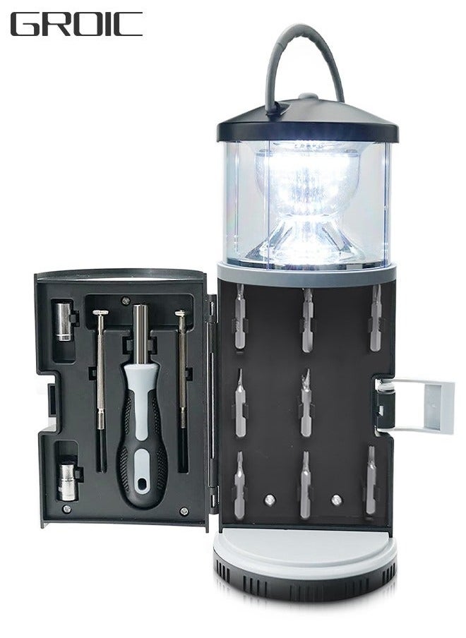 2 in 1 LED Camping Lantern with Tool Kits, Battery Operated 11 PCS Tools, Portable Emergency Light for Storm Outages Your House Car Workbench