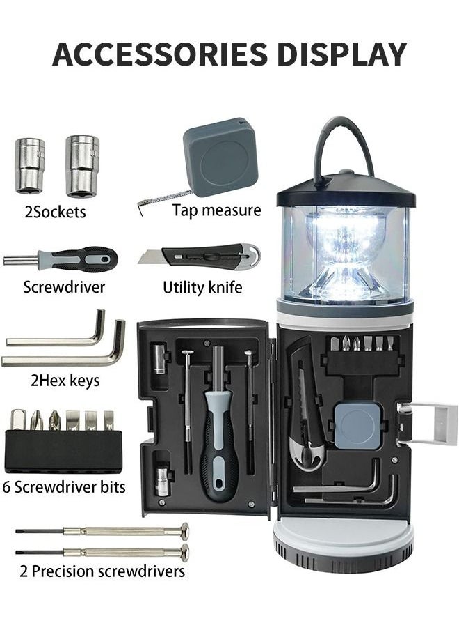 2 in 1 LED Camping Lantern with Tool Kits, Battery Operated 11 PCS Tools Kit, Portable Emergency Light for Storm Outages Your House Car Workbench