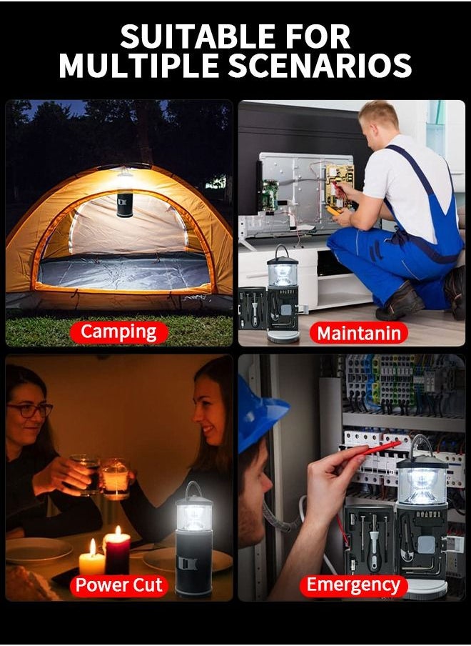 2 in 1 LED Camping Lantern with Tool Kits, Battery Operated 11 PCS Tools Kit, Portable Emergency Light for Storm Outages Your House Car Workbench