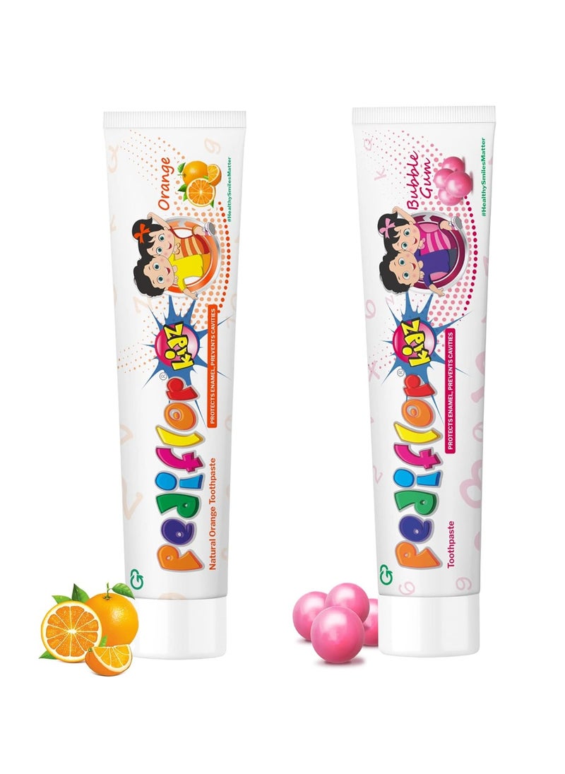 PEDIFLOR Kidz Anti Cavity Protection Toothpaste | Bubble Gum And Orange Flavour Combo Pack Of 2 | Fluoride Toothpaste For Children With Xylitol | Fights Kids Tooth Decay | Vegan | 70G Per Pack