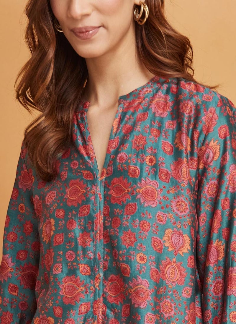 Green Cotton Silk Printed Tunic