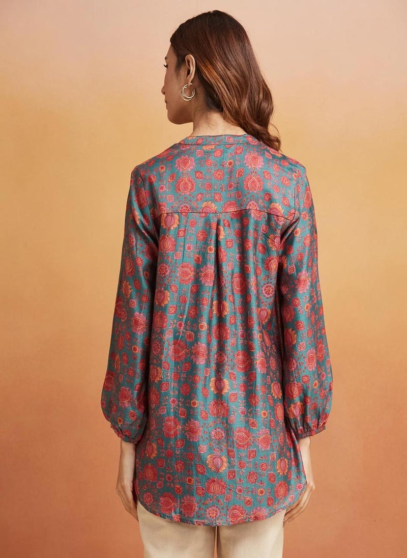 Green Cotton Silk Printed Tunic