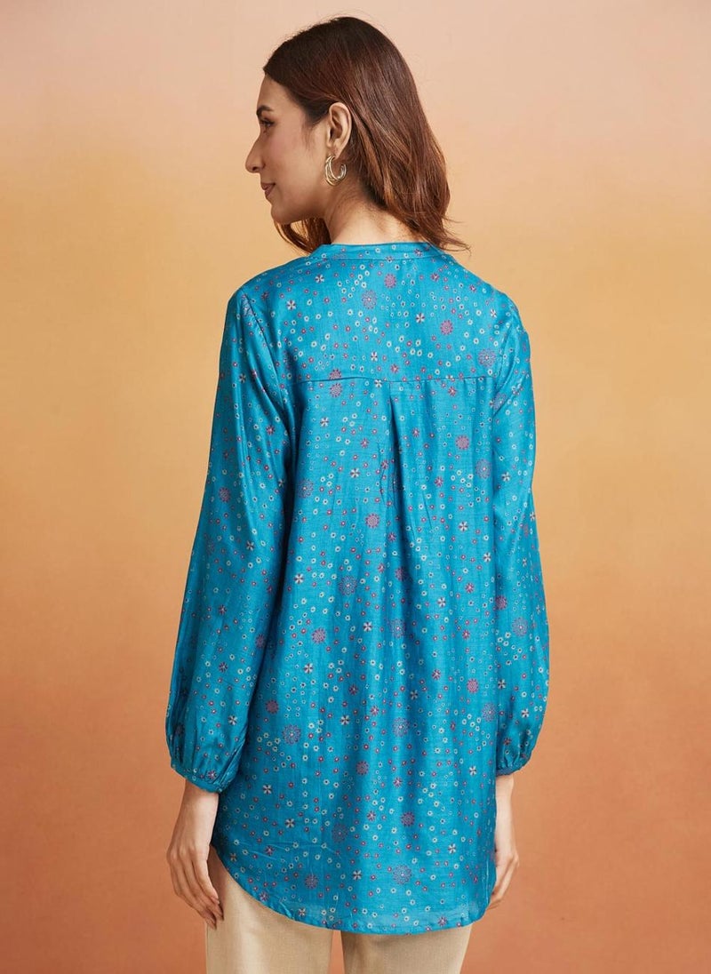 Teal Cotton Silk Printed Tunic