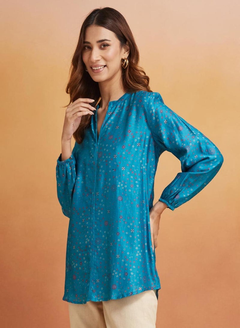 Teal Cotton Silk Printed Tunic