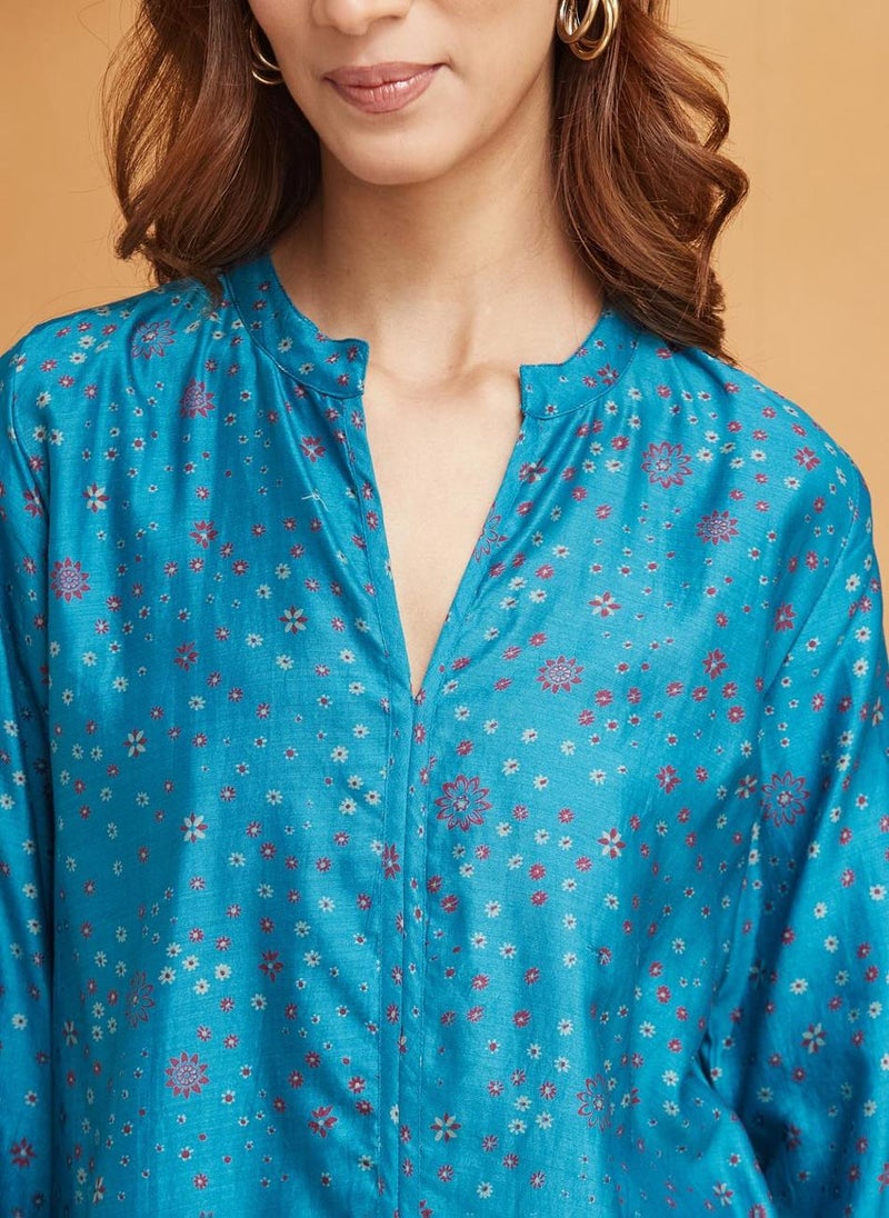 Teal Cotton Silk Printed Tunic