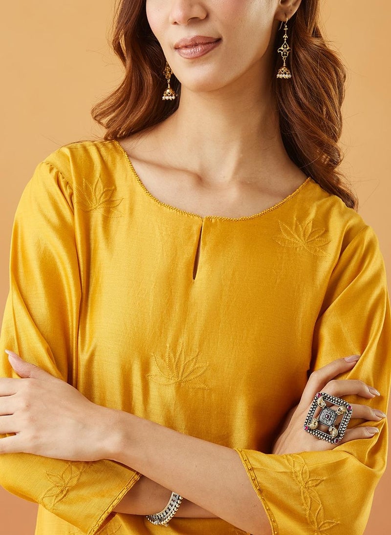 Yellow Cotton Silk Regular Fit Long Kurta