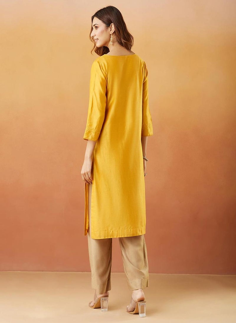 Yellow Cotton Silk Regular Fit Long Kurta