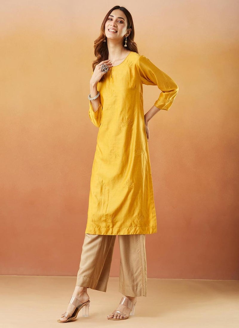 Yellow Cotton Silk Regular Fit Long Kurta