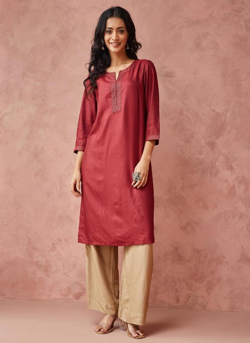 Wine Viscose Silk Woven Knee Length Kurta