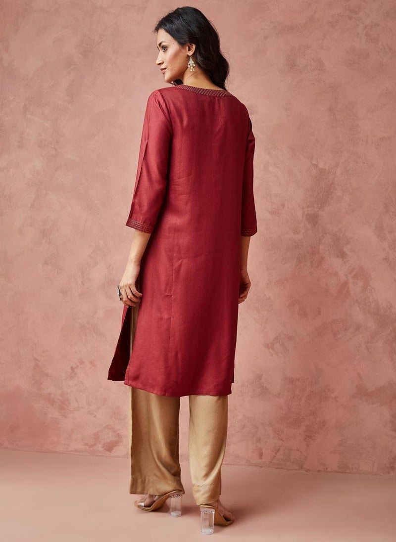 Wine Viscose Silk Woven Knee Length Kurta