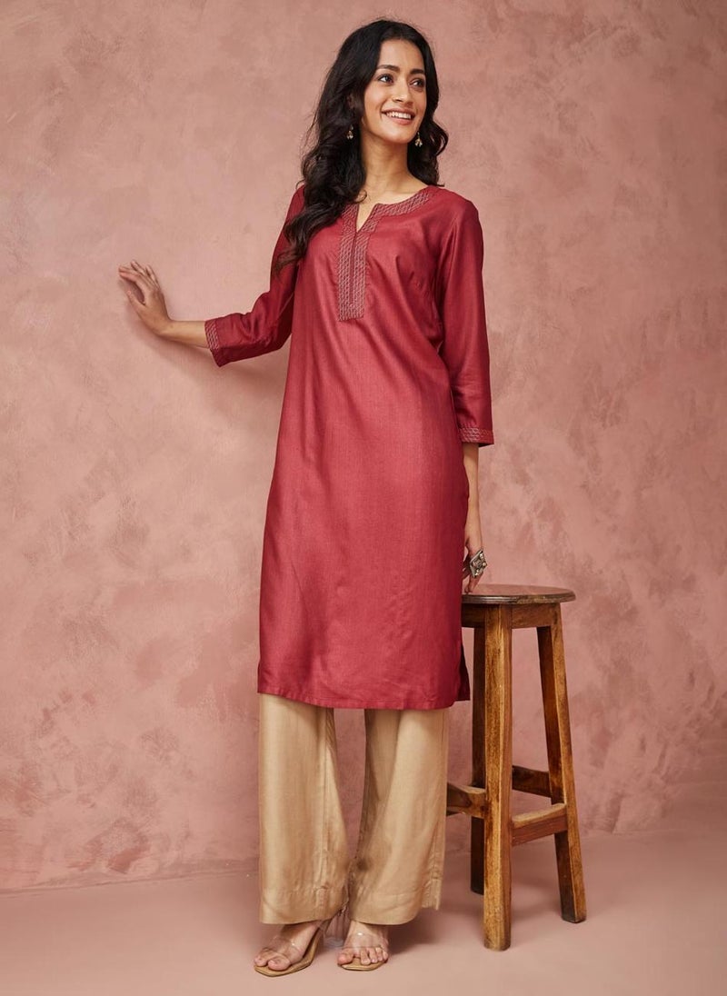 Wine Viscose Silk Woven Knee Length Kurta