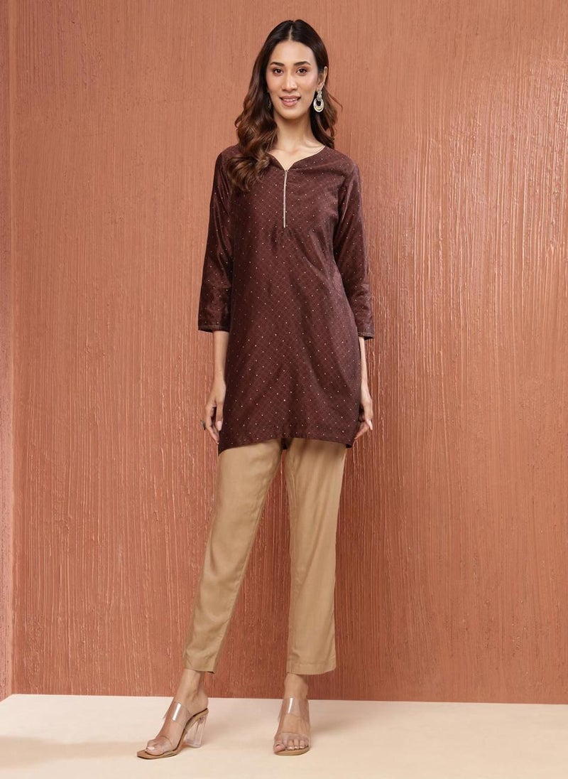 Brown Cotton Silk Hand Block Printed Short Kurta