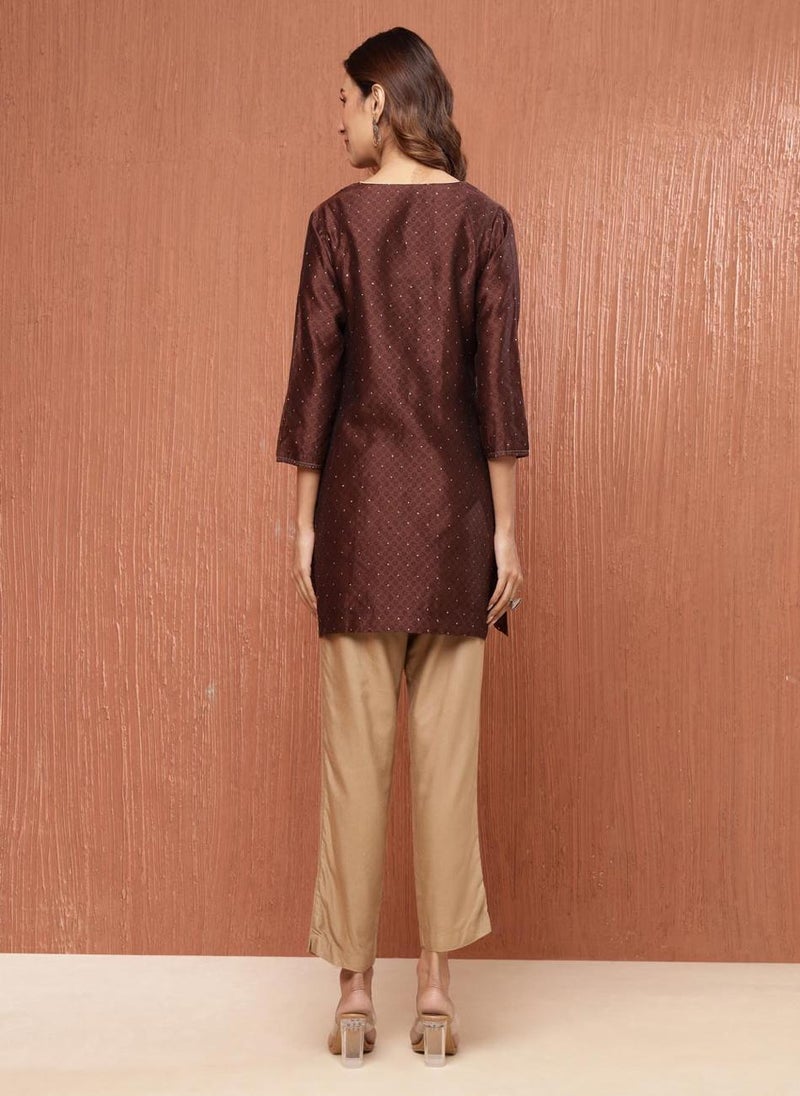 Brown Cotton Silk Hand Block Printed Short Kurta