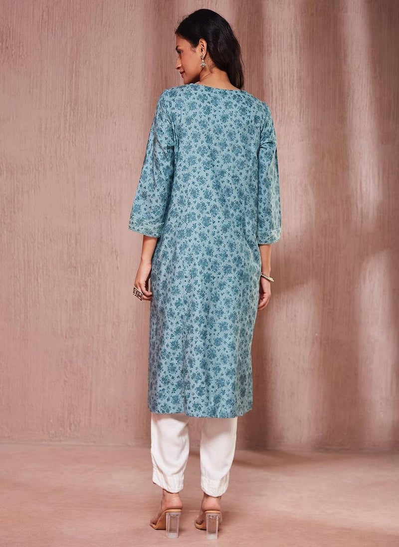 Blue Viscose Silk Hand Block Printed Long Kurta