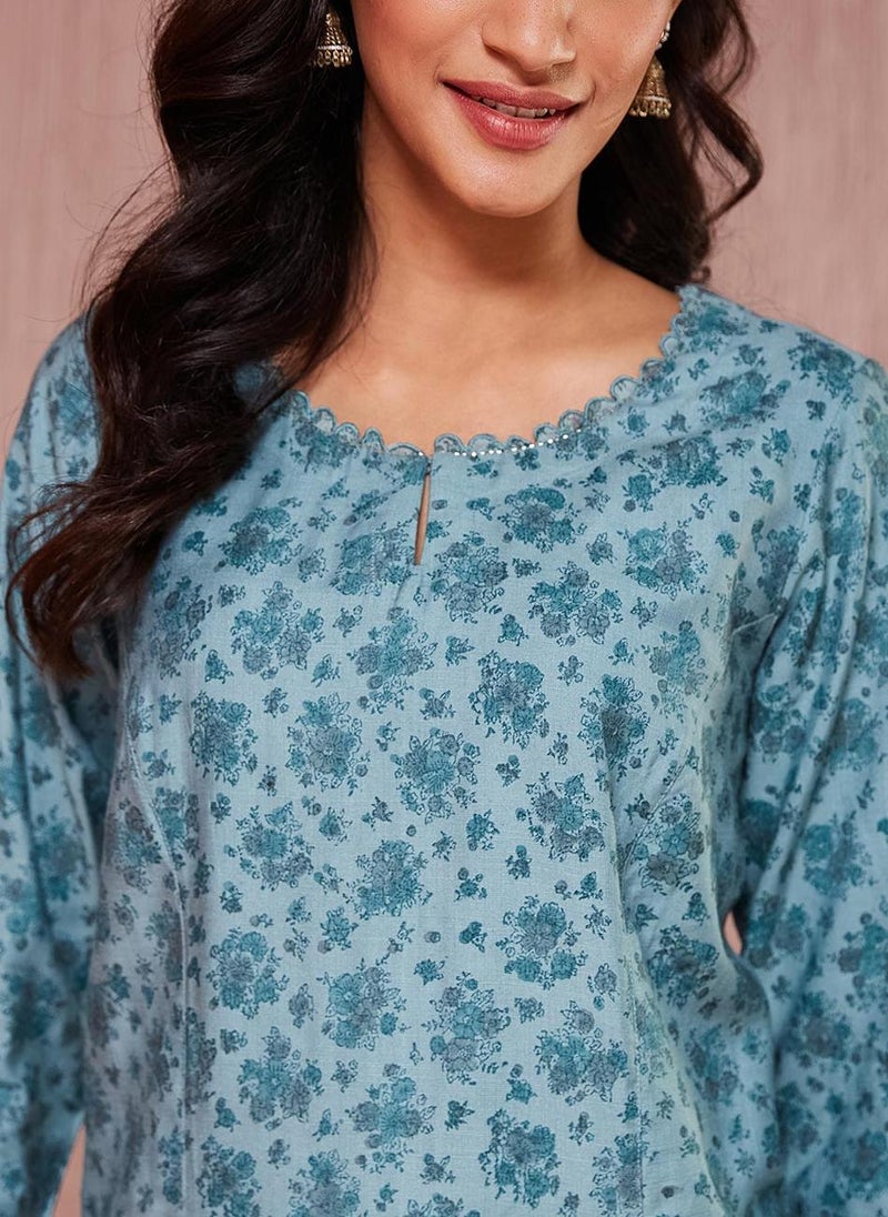 Blue Viscose Silk Hand Block Printed Long Kurta