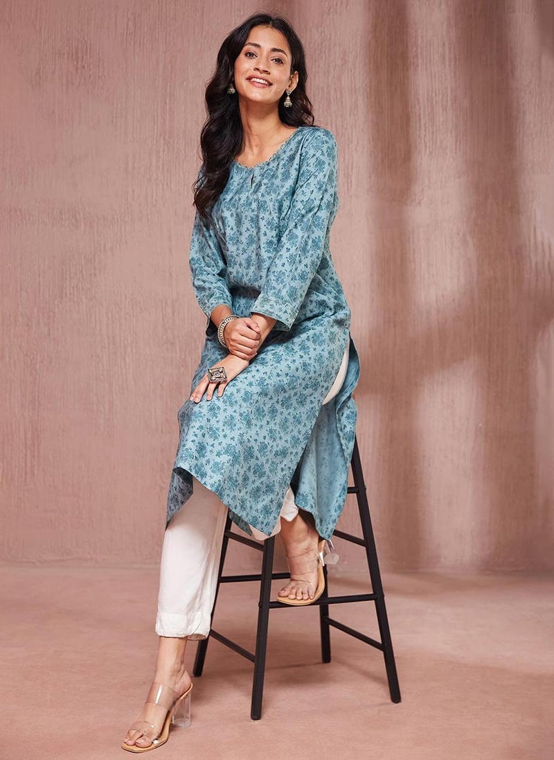 Blue Viscose Silk Hand Block Printed Long Kurta