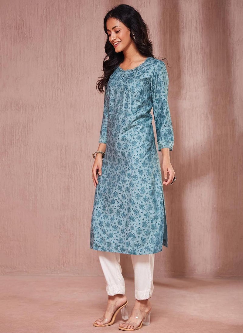 Blue Viscose Silk Hand Block Printed Long Kurta