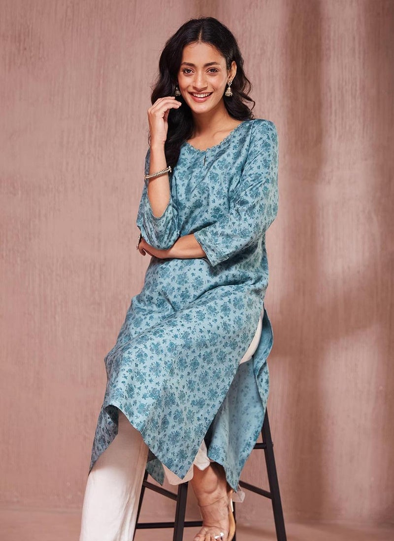 Blue Viscose Silk Hand Block Printed Long Kurta