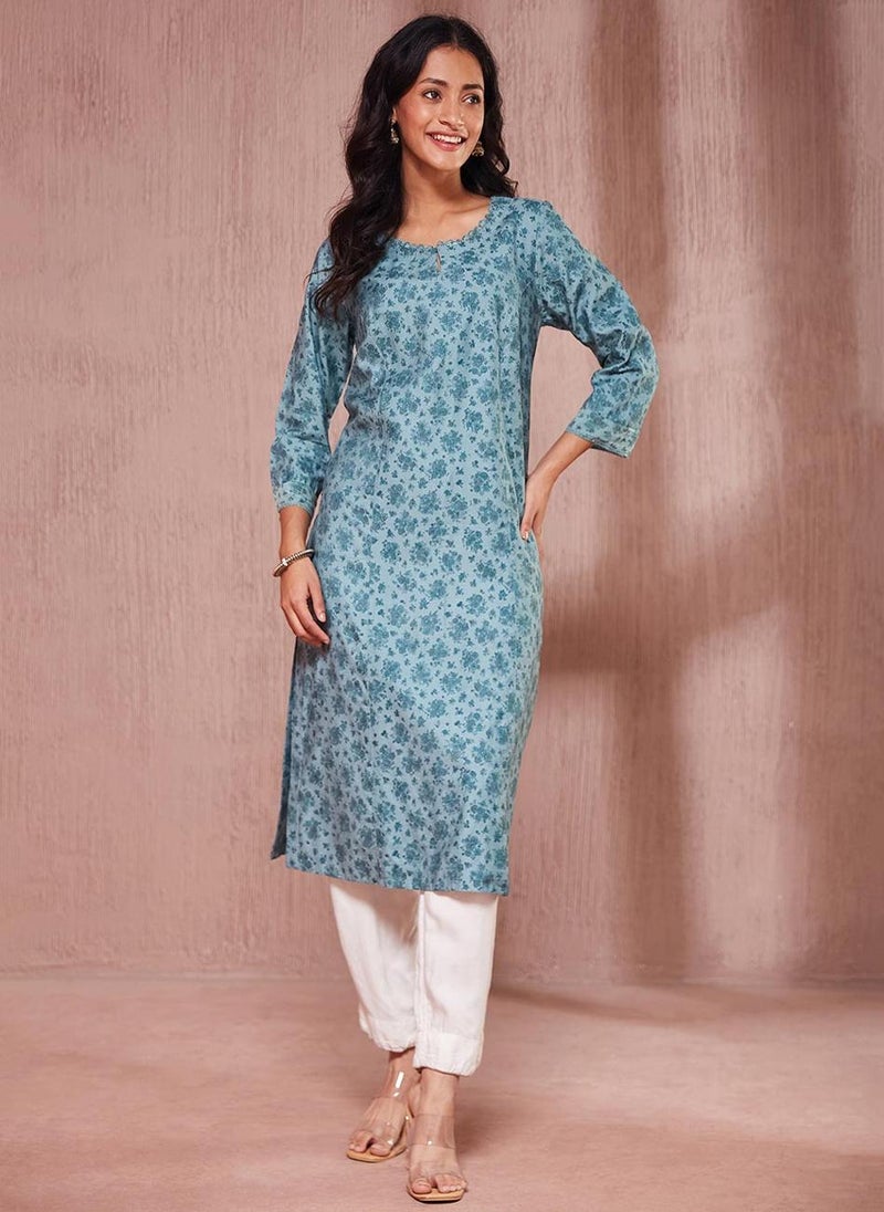 Blue Viscose Silk Hand Block Printed Long Kurta