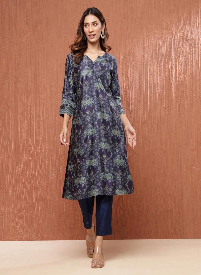 Blue Cotton Silk Hand Block Printed Long Kurta