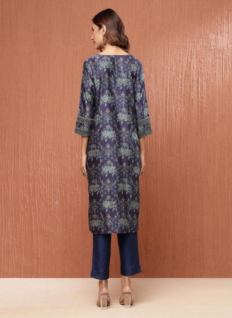 Blue Cotton Silk Hand Block Printed Long Kurta