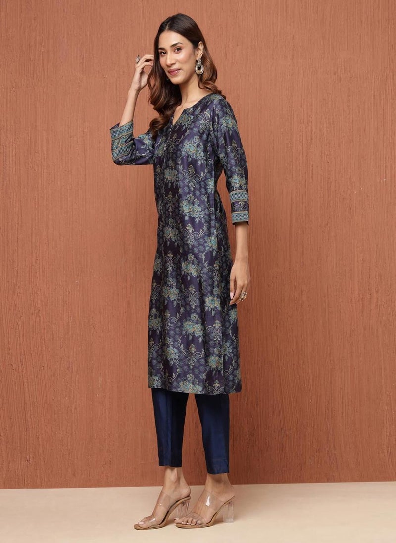 Blue Cotton Silk Hand Block Printed Long Kurta