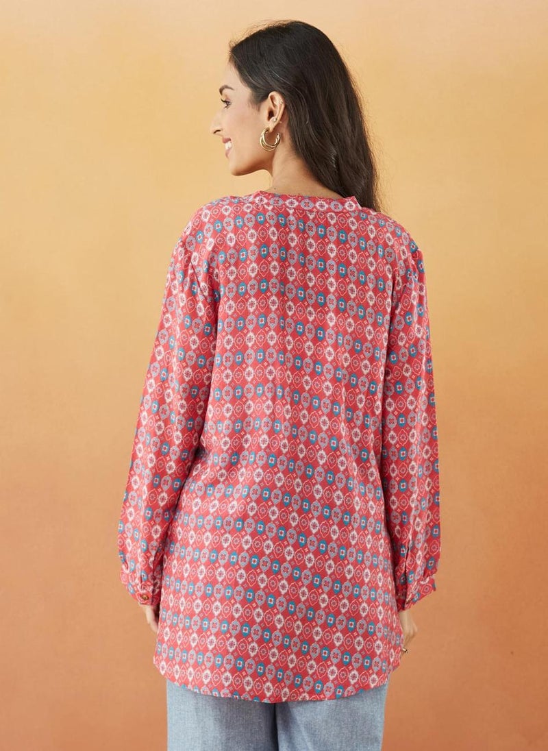 Red Rayon Blend Printed Tunic