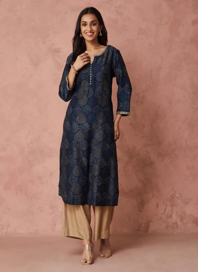 Indigo Cotton Silk  Printed Long Kurta